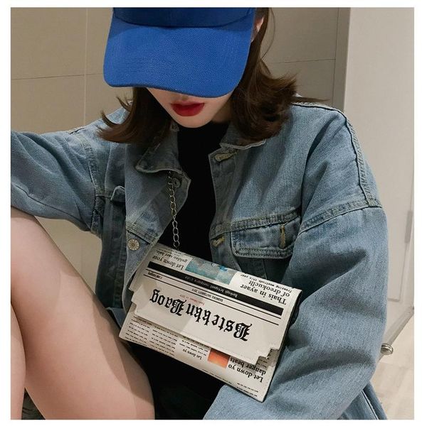 

trend envelope bag women 2020 new personality inkjet newspaper clutch bag wild shoulder messenger chain evening