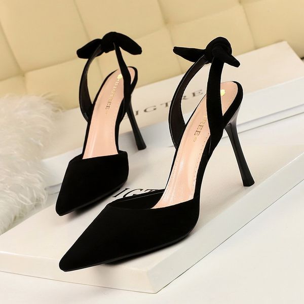 

2021 new thin heel, super heels, shady suede, pointy, small sandals tied to the bow rf07, Black