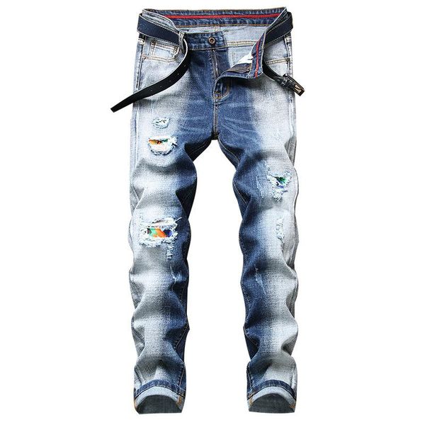 

pantalon hombre new pantalon vaquero mens clothes vaqueros rotos elastic hip hop pants ripped jeansy men spodnie meskie jeans, Blue
