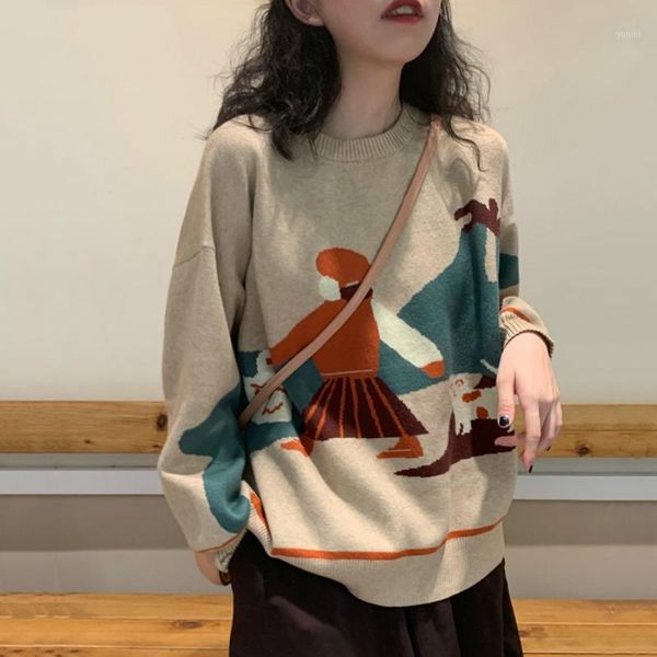 

korean cartoon pattern women pullovers harajuku oversize long sleeve sueter mujer fashion autumn o-neck sweater streetwear1, White;black