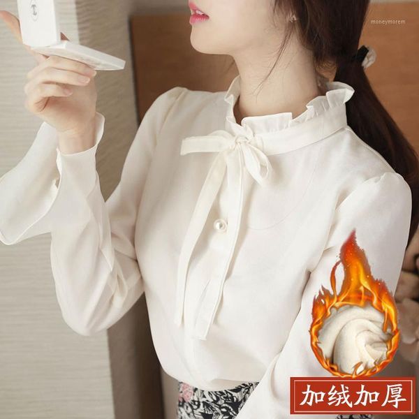 

women's blouses & shirts fabulous fall / winter 2021 cashmere bow chiffon shirt long sleeve women standing collar bottoming1, White