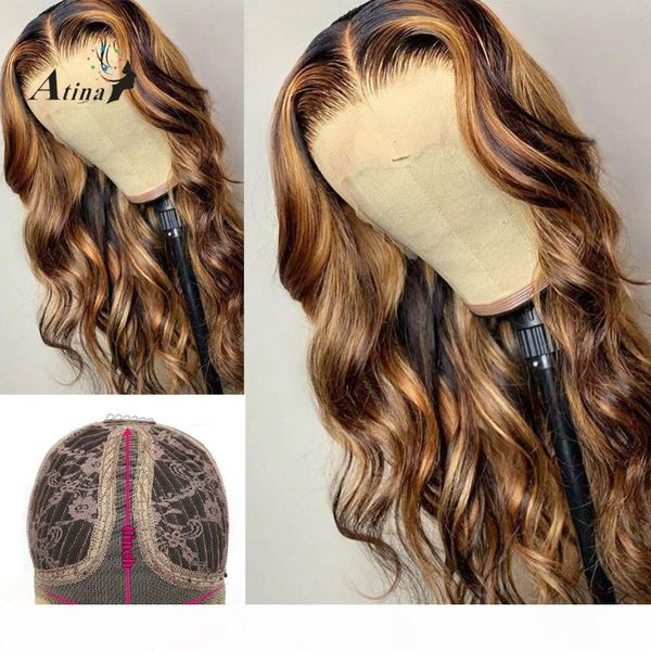 

wavy ombre highlight colored human hair wig natural hairline glueless hd transparent lace wig with baby hair 250 density, Black;brown