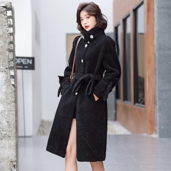 

women's fur & faux women 2021 winter jackets sheep shearing real wool coat female natural outwear ladies loose warm overcoats kwa662, Black