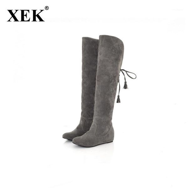 

xek quality women boots faux suede over the knee flat warm boot comfortable thigh high boot lace-up woman winter shoe wfq1111, Black