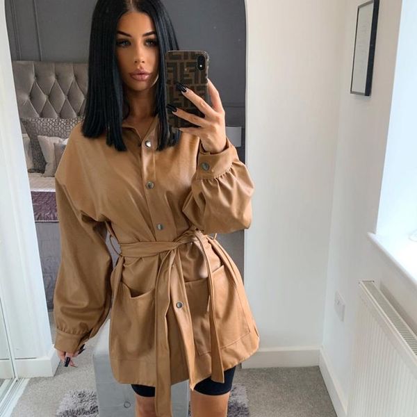 

fashion pu leather long coats women fleece pockets long sleeve loose punk leather jackets women with belt outweat female, Black