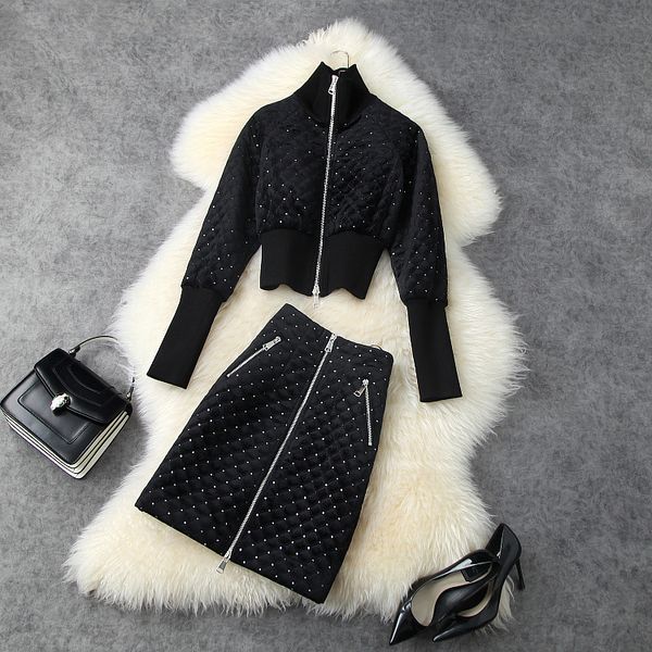 

european and american women's wear winter new style long-sleeved sequined stand-up collar coat zip skirt fashion velvet suit, White