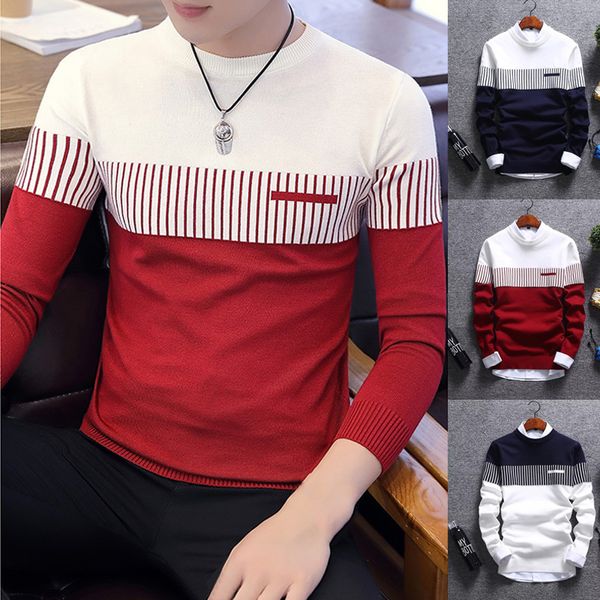 

men's fashion patchwork color sweater autumn new knitted jumper korean style long sleeve pullover coat cold blouse, White;black