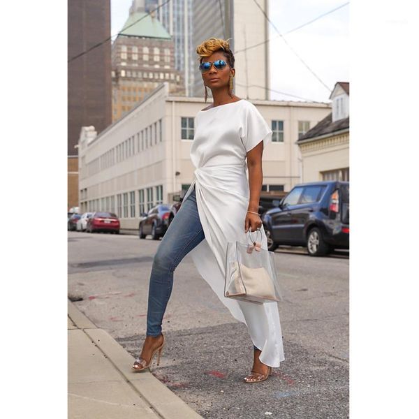 

fashion autumn women front short back long split slash neck short sleeve solid femme asymmetrical clothes 1, White
