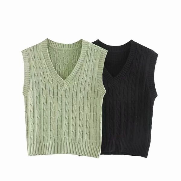 

new women green black solid knitted sleeveless v-neck sweater casual loose style female woman clothes 201111, White;black