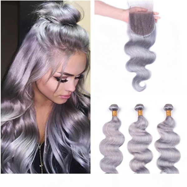 

pure grey brazilian wavy human hair 3bundles with closure 4pcs lot silver grey body wave human hair weaves with lace closure piece 4x4, Black