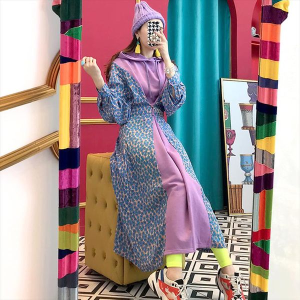 

2020 новая весна лоскутная с капюшоном полный рукав для печати vestidos элегантных женщин empire корея temperament платье fs643, Black;gray