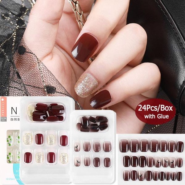 

false nails 24pcs reusable stick on full cover nail artificial tips decoration with designed press for girls, Red;gold
