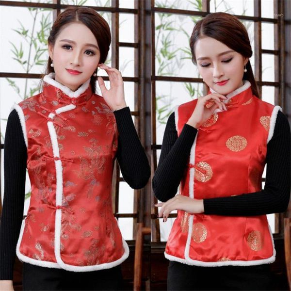 

new year women chinese style qipao tang suit thicken velvet vest traditional evening party wedding cheongsam satin dress1, Red