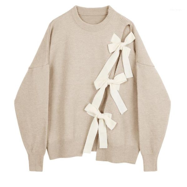 

deat 2020 ladies spring and autumn new round neck sweater loose large size apricot bow tie long-sleeved knitted zt7641, White;black