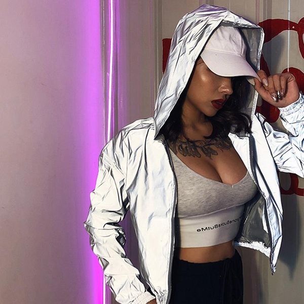 

reflective jacket coat women spring autumn long sleeve zipper up hoodie jacket outwear windbreaker harajuku, Black;brown