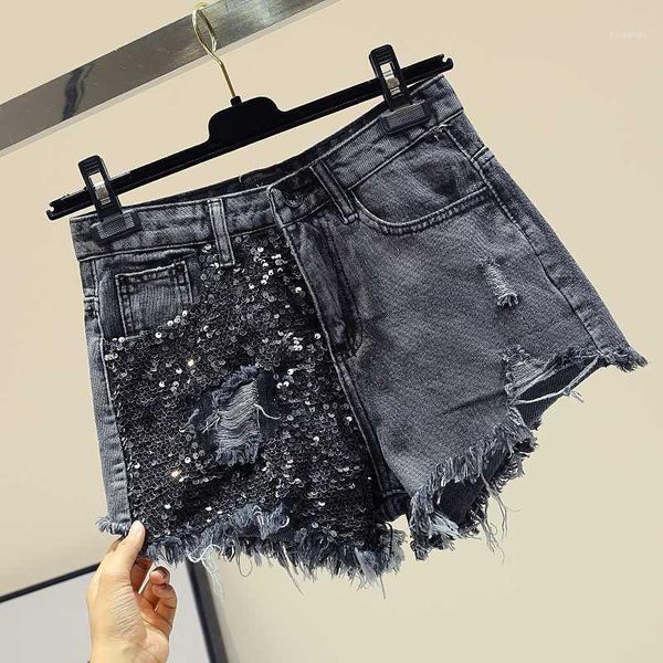 

patchwork sequins denim shorts for women new summer fashion all-match wide leg shorts hole students, Blue