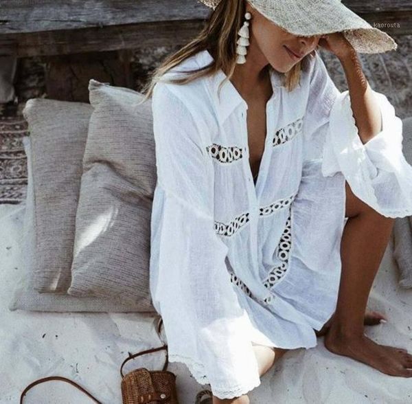 

new european and american-style cut-out shirt bell-sleeve beach cover-up rashguard swimsuit coat women's blouse1, White