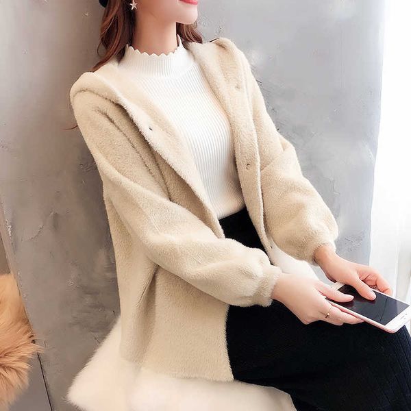 

imitate fur hat cardigan loose coat autumn and winter korean knitting overcoat, Black