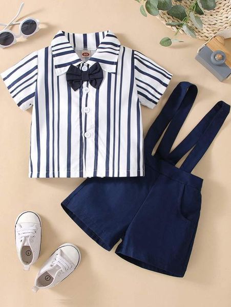 

baby vertical striped bow front shirt & pinafore shorts she, White