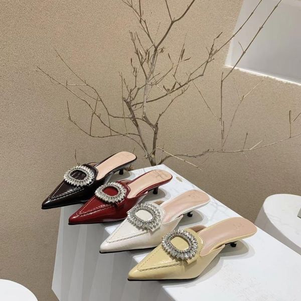 

slippers rhinestone pointed toe women thin low heels wine red/beige/yellow/black crystal slides mules shoes