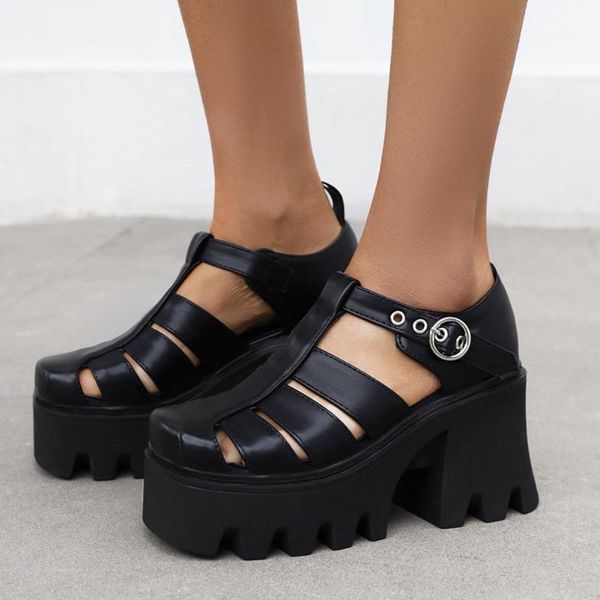

ribetrini vintage female solid buckle platform gladiator shoes women sandals thick bottom high heel leisure sandals1, Black