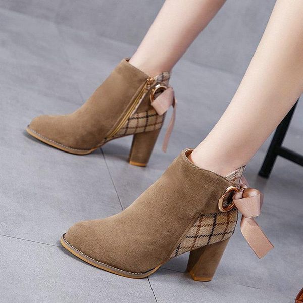 

large size 35-41 2020 new ankle women's boots autumn comfy flock lattic shoes woman high heels ladies fashion walking boot, Black