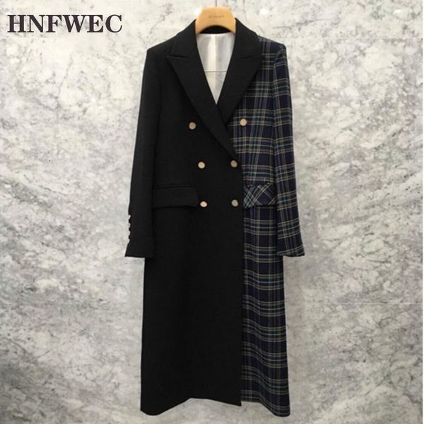 

2020 autumn new pattern notched collar long sleeve double breasted plaid patchwork casual suit coat women d9001, White;black