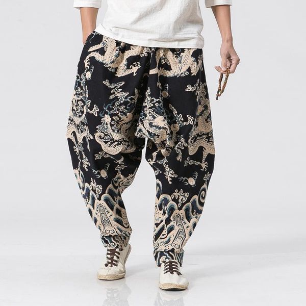 

new dragon printing harem pants men chinese style casual loose cotton linen sweatpants jogger pants mens trousers, Black