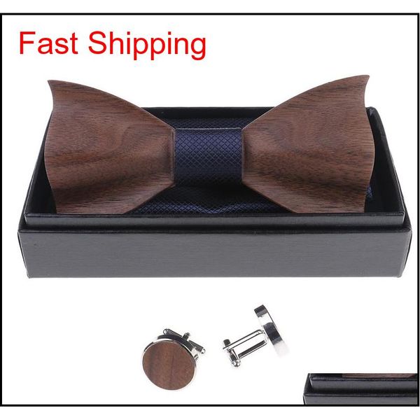 

1set wooden tie pocket square cufflink wood bow tie men accessories wedding fashion qylvkc new_dhbest, Blue;white