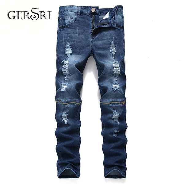 

gersri fashion ripped jeans men with holes denim zipper slim fit jean pants scratched hip hop elastic jeans dropshipping, Blue