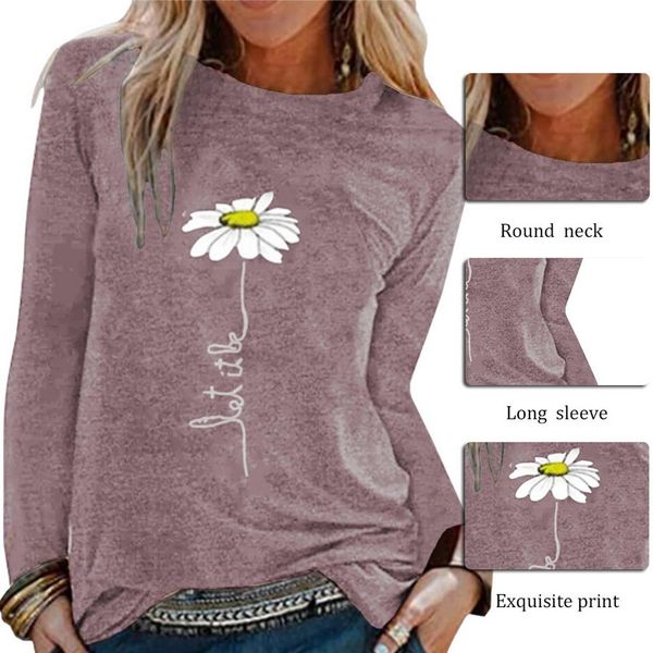 

shujin женщины тенниска цветка маргаритки печати o-образным вырезом с длинным рукавом streetwear причинная harajuku плюс размер tops 2020 ос, Silver