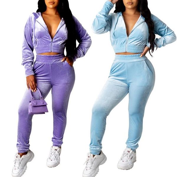 

laamei velvet tracksuit women two piece set autumn clothes cropped zipper hoodie long sleeve crop and pants female outfits, Gray
