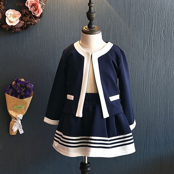 

spring fashion girls kid clothing sets children's navy blue short jacket an + striped skirts 2pcs suits kids formal clothes y200901, Blue;gray