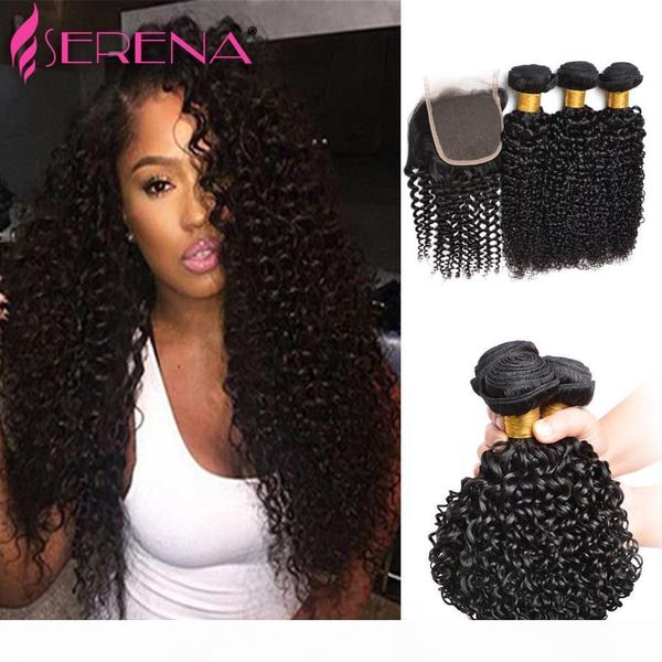 

8a indian deep curly loose with lace closure 4pcs lot kinky curly weft weaves natural color with baby hair and human hair bundles, Black;brown