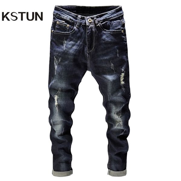 

ripped men jeans dark blue stretch slim fit destroyed broken holes denim pants casual biker jeans male hip hop mens punk jeans 201118