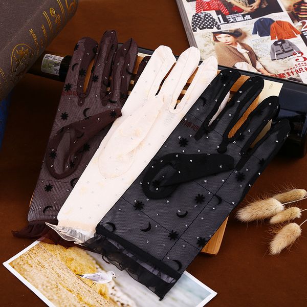 

women' vintage sunscreen flower anti-uv rabbit lace knitted stars moon flip gloves, Blue;gray