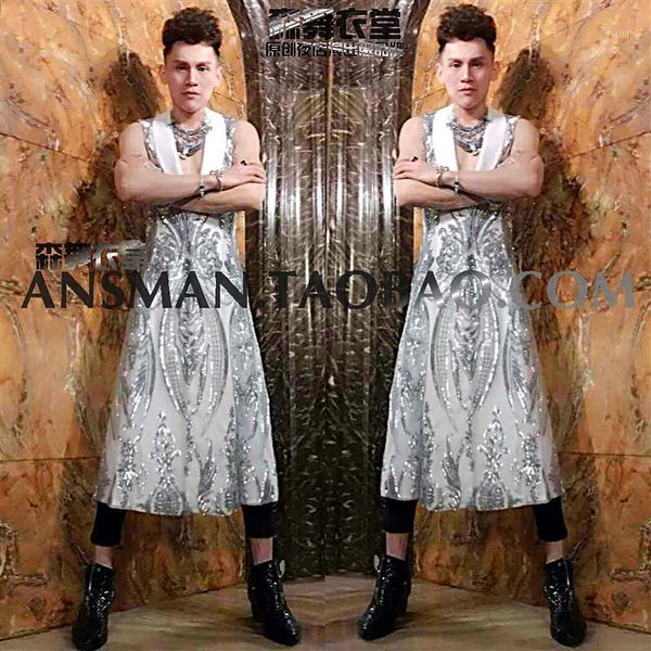 

xxl male stage djdg hair stylist tide models embroidery long umbrella sleeveless jacket singer costumes show jacket1, Tan;black