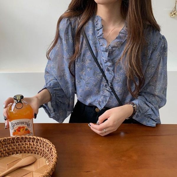 

chiffon floral print blouse ladies plus size v-neck tee female women's long puff sleeve shirt blusas femininas clothing20201, White