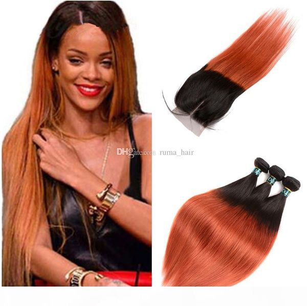 

orange color hair bundles with closure two tone straight ombre hair brazilian with lace closure middle part bleached knots ombre hair weave, Black;brown