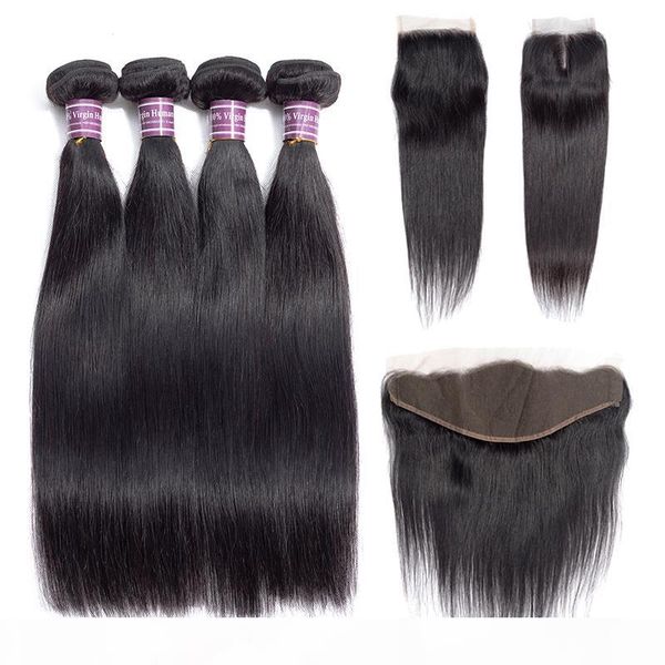 

brazilian straight human hair weave bundles with closure 100% unprocessed virgin hair 3 bundles with lace frontal hair extensions, Black