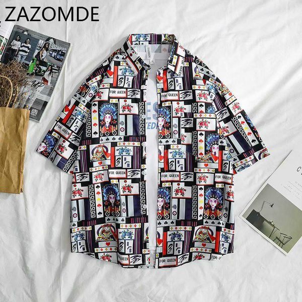 

new plaid cartoon printed full print colors short sleeve street shirts fashion hop-hop shirt for man loose casual, White;black