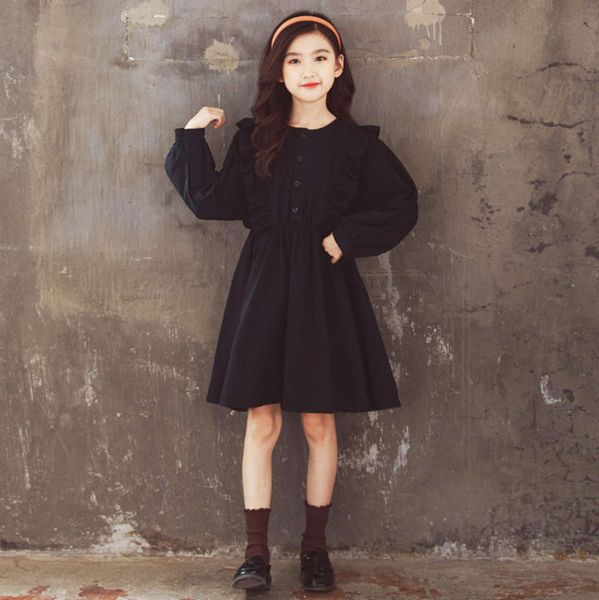 

2020 new children's korean version ruffle drs sve black waist long round neck big swing girl's skirt, Red;yellow