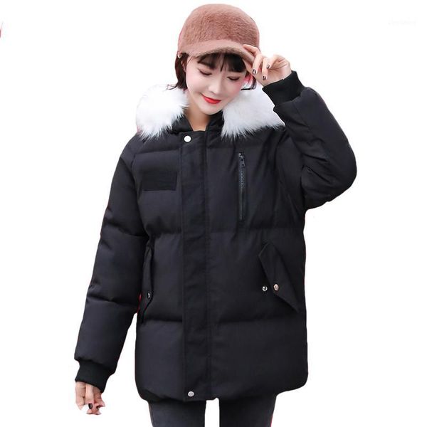

2019 new arrival winter jacket women with fur collar hooded solid black beige female down coat short parka1