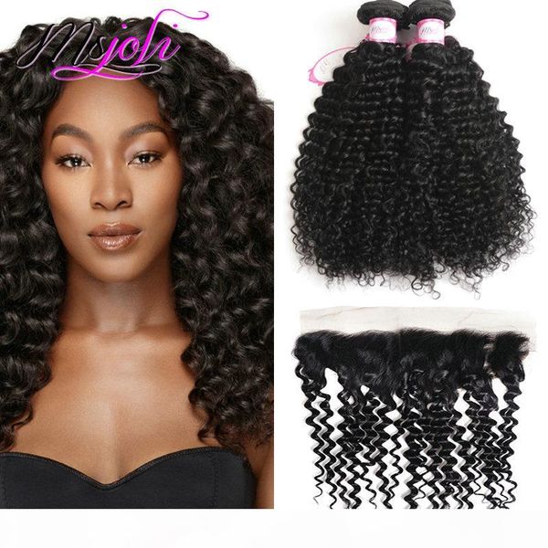 

indian hair deep wave unprocessed human hair extension 13x4 frontal with 2 bundles double weft weaves natural color deep wave virgin hair, Black;brown