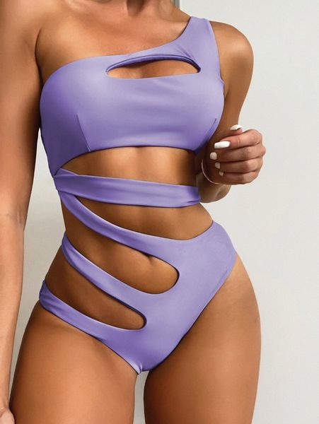 

plain cut-out one shoulder one piece swimsuit 05dm#, White;black