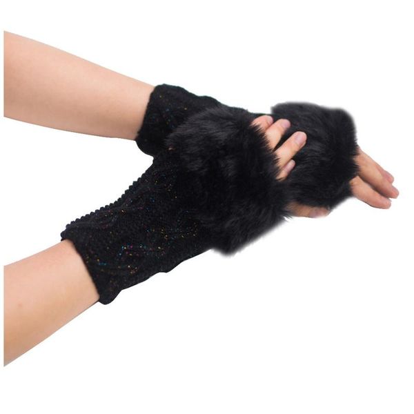 

five fingers gloves winter women arm warmer fingerless gloves-knitted faux fur mitten knitted trim wrist glove #t1p, Blue;gray