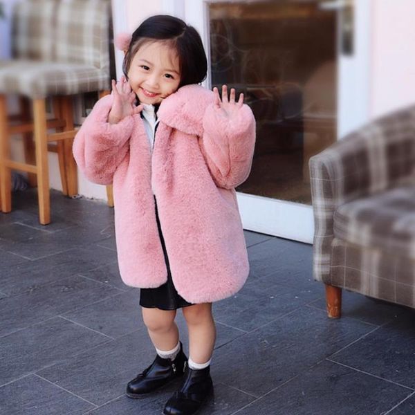 

2-9y soft faux fur camel coat baby autumn winter warm zipper fur jacket plush turn down collar overcoat kids outerwer y47, Blue;gray