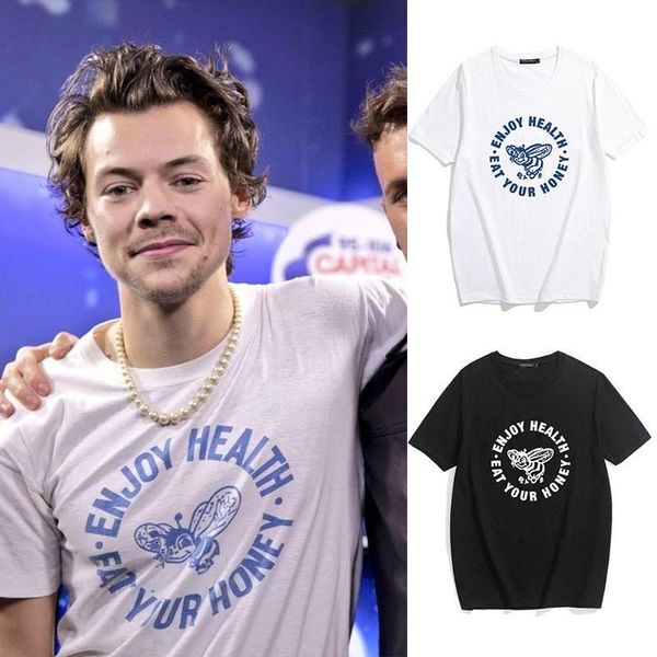 

harry styles enjoy health eat your honey women t-shirt harajuku fun letter print blue bee cute vintage chic loose casual, White