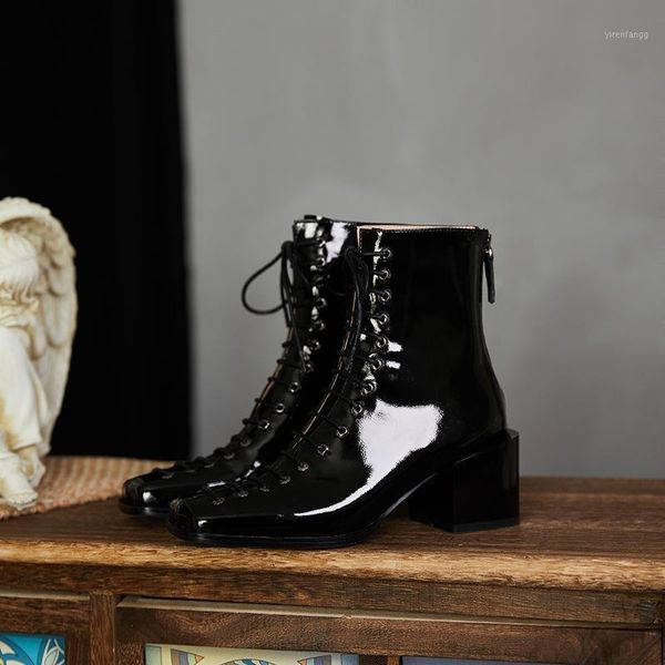 

cialisa women shoes brand design patent leather ankle boot autumn winter lace up chunky heel round toe high heel boot1, Black