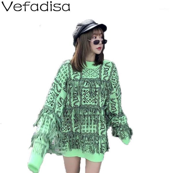 

vefadisa winter tassels knitting sweater print casual o-neck pullovers sweater woman long sleeve loose 2019 qyf8461, White;black